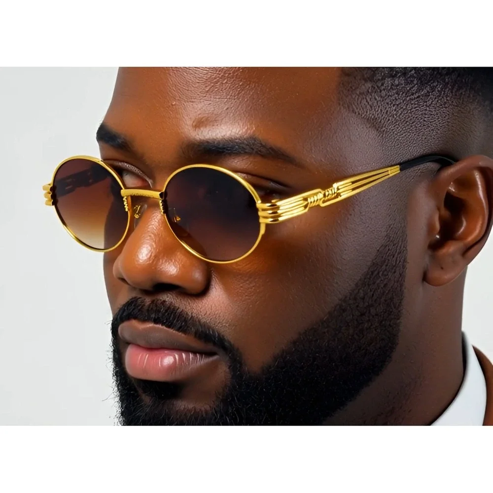 Round Sunglasses Gold Frame Brown Lens Designer Fashion Men Outdoor Beach‎ Party